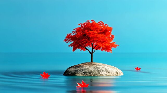 Serene Island: A vibrant red tree stands majestically on a small island, surrounded by calming blue water, a scene that evokes tranquility.