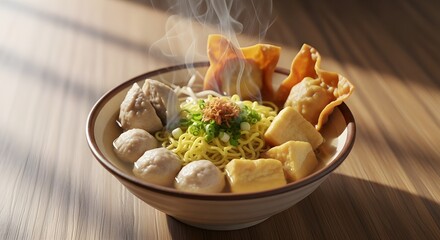 Steaming Bowl of Indonesian Bakso Noodle Soup with Meatballs, Tofu, and Crispy Wontons