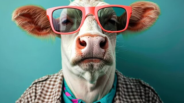 Stylish bovine: A close-up shot of a fashionable cow sporting oversized sunglasses and a patterned shirt, presenting a whimsical fusion of farm life and urban cool, showcasing a unique personality.