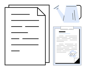 Papers, a signed contract on clipboard, and a watering can symbolizing nurturing and success. Ideal for business, agreement, growth, productivity, organization, workflow simple flat metaphor
