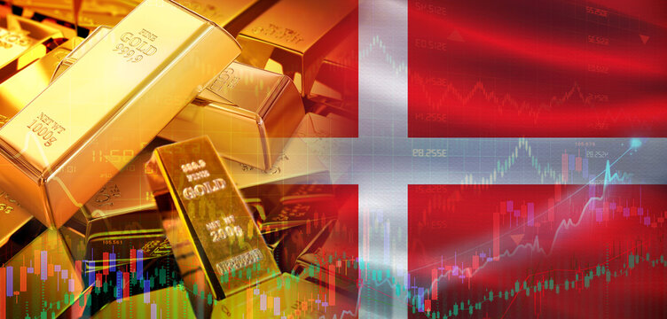 Gold bars stacked on Danish flag. Denmark gold reserves, Concept - Powered by Adobe