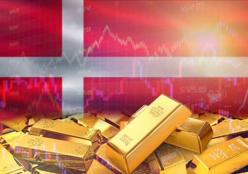 Gold bars on Denmark flag in background. Gold bars stacked on Danish flag. Concept of Denmark gold reserves