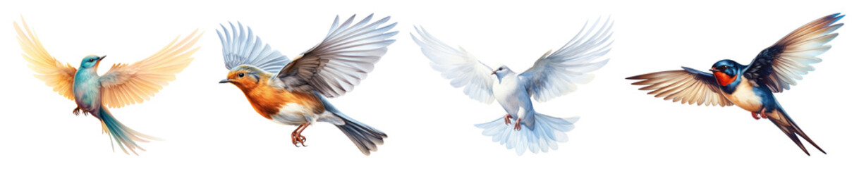 Fototapeta premium PNG Colorful birds in flight, element set on transparent background
