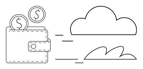Wallet with coins transitioning toward a cloud, symbolizing online payment, digital savings, remote transactions. Ideal for finance, banking, cloud services, technology, e-commerce data security
