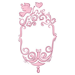 A pink, ornate frame with a dove, a heart, and the word "love" for Valentine's Day for little princess. Vector element in a coquette aesthetic for weddings, invitations, personal diary, and scrapbooks