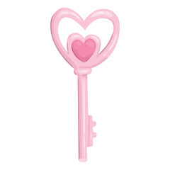 A pink heart-shaped key for a Valentine's Day collage. A festive vector element in coquette aesthetic for weddings, bachelorette parties, personal diary, and scrapbooks.