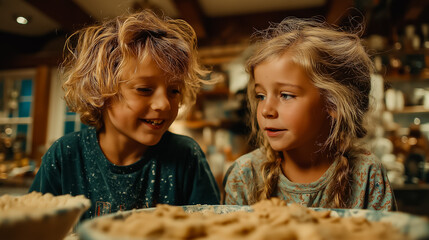 Siblings Baking Cookies Together Candid Kitchen Warm Tones
