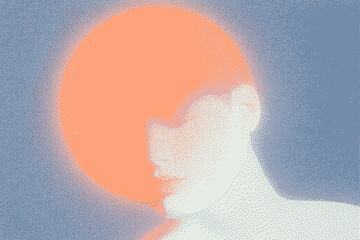 Abstract portrait with soft colors and glowing orb, showcasing minimalist art style.