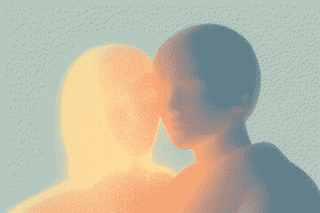 Soft, abstract portrait of two figures blending with pastel tones and a surreal quality