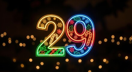 Festive neon sign displaying the number "29" with holiday decorations.