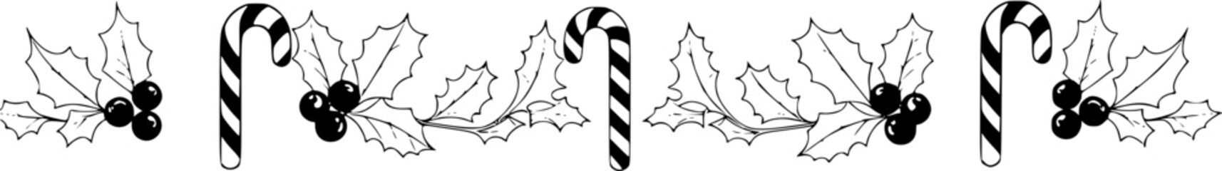Black and white Christmas border with candy canes and holly
