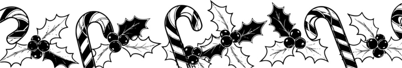 Fototapeta premium Black and white Christmas border with candy canes and holly 