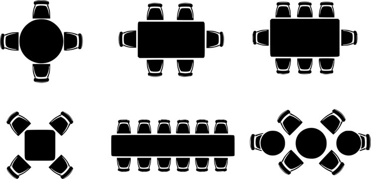 Top-down view of various table and chair arrangements
