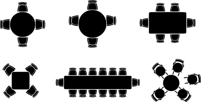 Top-down view of various table and chair arrangements
