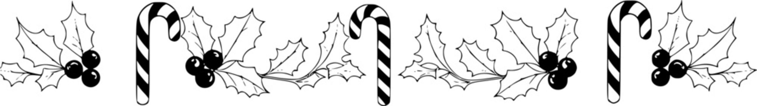 Black and white Christmas border with candy canes and holly
