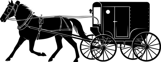 Amish horse and buggy silhouette. This traditional carriage design depicts a horse-drawn buggy, showcasing rural simplicity and vintage aesthetics. Vector clipart black illustration design.