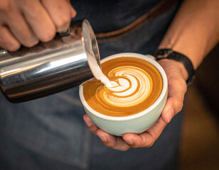 Baristas Hands Pouring Steamed Milk to Create Swirling Latte Art in Ceramic Cup.