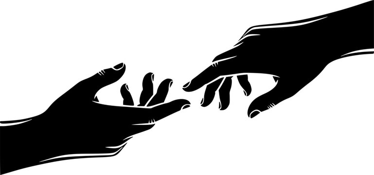 Reaching hand silhouette. This image showcases bold black silhouettes of two hands reaching towards each other, symbolizing interaction and support. Vector clipart illustration design