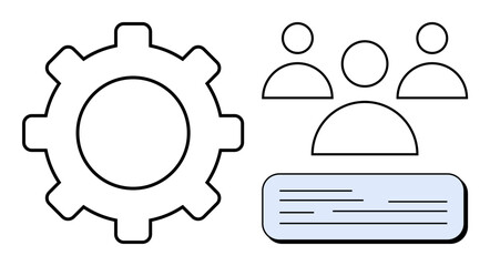 Gear with three abstract human figures and text box, symbolizing teamwork, coordination, process optimization. Ideal for workflow, management, HR, communication, planning leadership simplicity