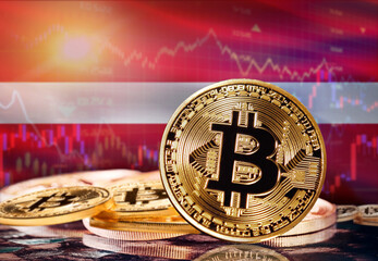 Bitcoin with Latvia flag in the background. Investors in cryptocurrency and Blockchain Technology in Latvia, Concept