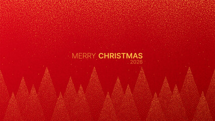 Merry Christmas 2026 text with glitter snow falling over abstract pine tree forest design on red background for holiday greeting card.
