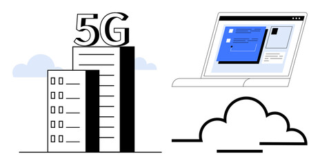 Naklejka premium Urban building with 5G network, laptop with online interface, and a digital cloud. Ideal for technology, communication, networking, internet, innovation cloud computing futuristic themes. Simple