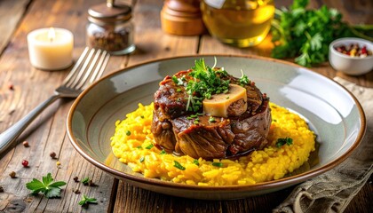 Braised Veal Shank Osso Buco Served Over Saffron Risotto Garnished With Fresh Parsley And Served On A Rustic Wooden Table With A Candle Lit In The Background