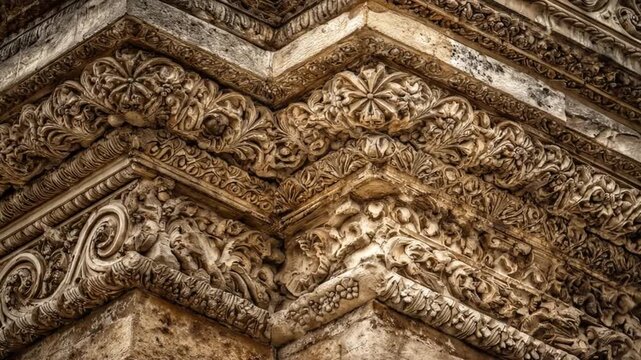 Intricate stone carving detail on a historic building facade, featuring ornate floral and scroll patterns, ancient architectural texture.