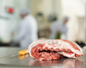 Closeup of fresh raw pork ribs on cutting table in small meat processing workshop. Local butchery produce concept