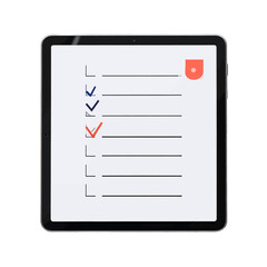 Digital Checklist on Tablet Screen Showing Tasks Completed and Pending with Checkmarks and Red Flag Notification on White Background