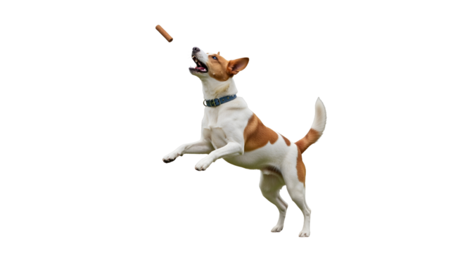 Dog Jumping to Catch Stick Action, Animal, White Studio Background, Realistic PNG, Transparent Concept View