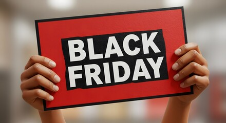 Hands holding a red and black sign that says black friday in bold white letters for holiday sales