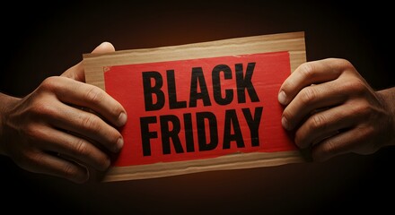 Hands holding a red black friday sign with black letters on a cardboard against a dark background