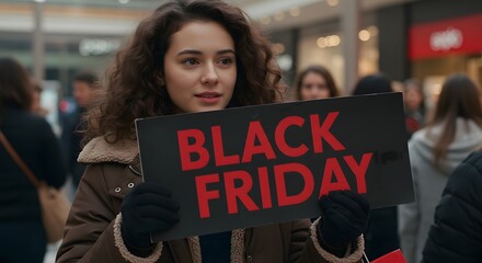 A woman holding a black friday sign in a crowded shopping mall with other shoppers in the background