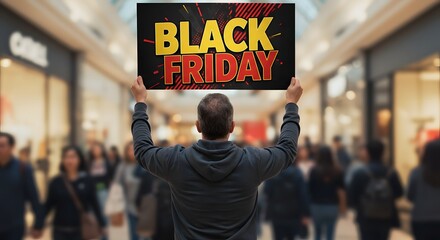 Man holding black friday sign above head in crowded shopping mall during sales event promotion time