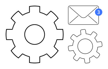 Large and small gears alongside an envelope with a notification badge representing efficiency, communication, and system operation. Ideal for workflow, updates, tools, reminders, messages