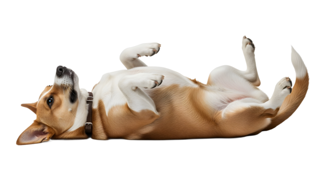 Dog Rolling on Back Joyfully, Realistic PNG, Isolated, White Background, Animal, Transparent, Side View Concept