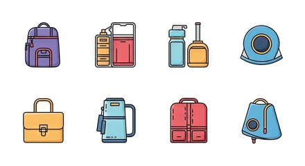 Pixelated Illustrations of Various Bags and Accessories Isolated on White Background with Colorful Outlines