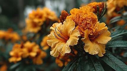 Vibrant Golden Yellow Flowers Adorned with Sparkling Raindrops, Lush Green Foliage Background