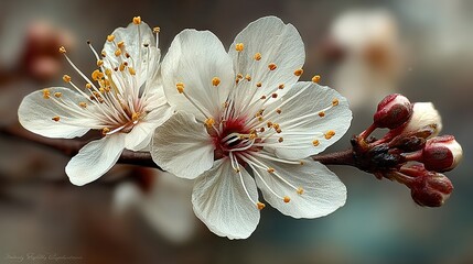 Delicate White Cherry Blossoms in Spring Bloom, Macro Photography, Close-up.