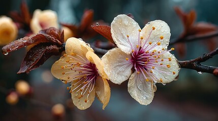 Rain-Kissed Plum Blossoms Glistening with Dew on a Moody, Somber Branch