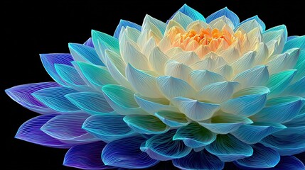 Vibrant Digital Art Flower with Glowing Blue-Orange Petals on Black, Intricate Neon Lines