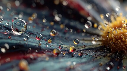 Macro Water Droplets Reflecting Vibrant Colors on Feather Texture