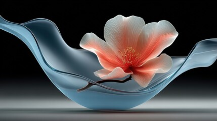 Luminous Coral Flower with Delicate Veins Resting in a Sculptural Blue Glass Wave.