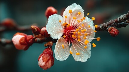 Delicate White Apricot Blossom with Water Droplets and Red Buds on Branch