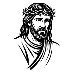 Jesus Christ Vector Illustration – Black and White Religious Portrait with Crown of Thorns for Faith and Christian Design