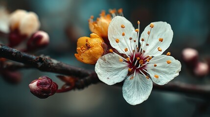 Vibrant White Blossom with Golden Buds and Red Bud on Dark Branch, Macro Spring Awakening