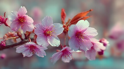 Ethereal Cherry Blossoms Glowing with Soft Light, Revealing Translucent Pink Petals and Vibrant Stamens.