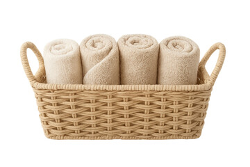 Fototapeta premium Decorative Basket with Rolled Towels, Neutral Colors, Transparent Background