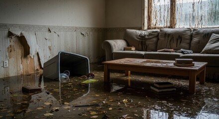 Interior room shows water damage with debris scattered on the floor, a tipped bucket, peeling wallpaper, and a couch near the window.
